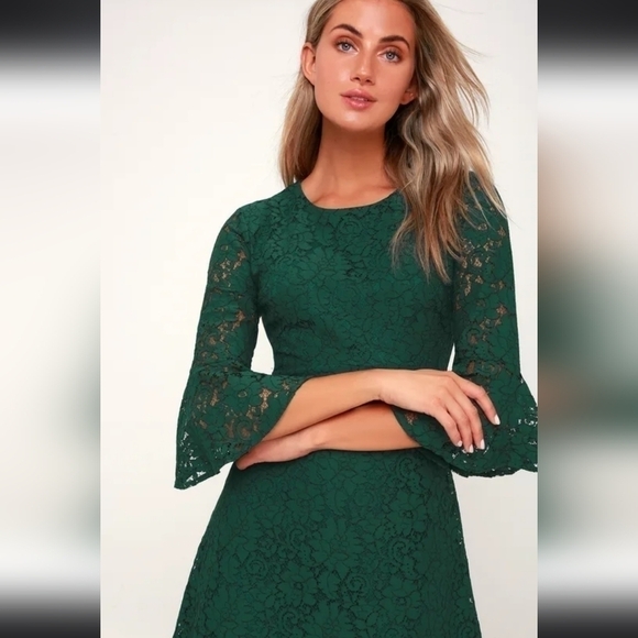 Lulu's Favorite Flair Forest Green Lace Flounce Sleeve Dress - Picture 4 of 13